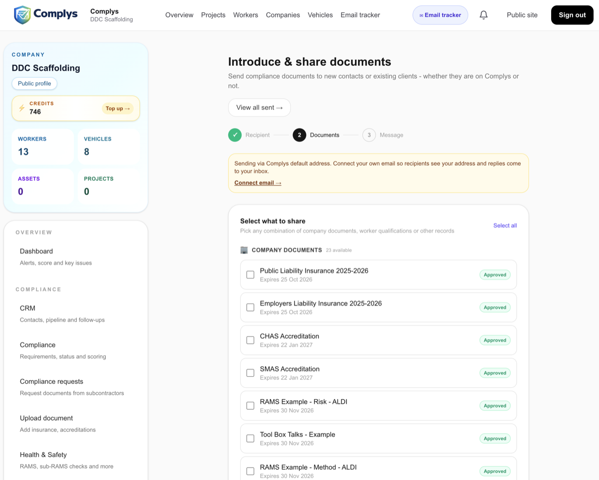 Complys compliance hub showing insurance certificates, RAMS documents, and accreditations in one place