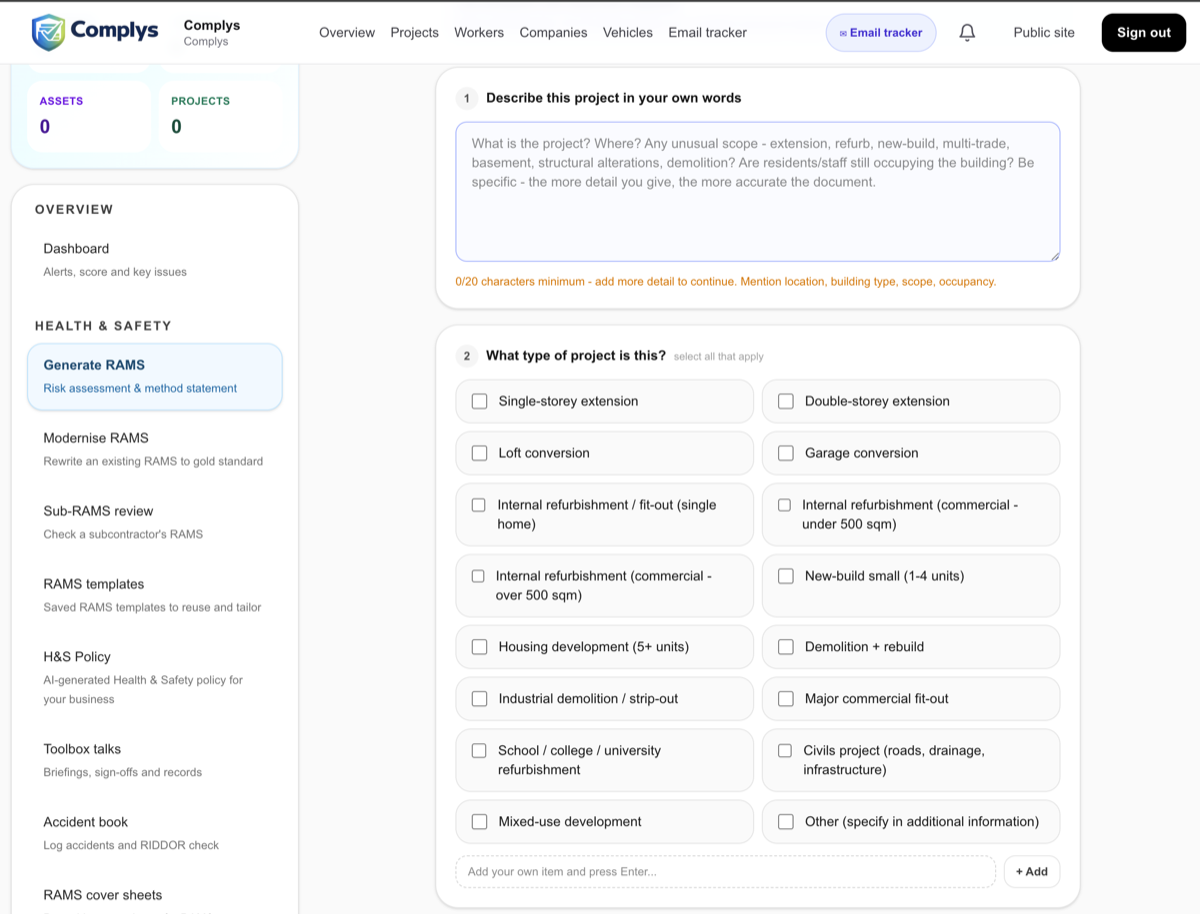 Complys RAMS builder wizard asking trade-specific questions to generate a Risk Assessment and Method Statement