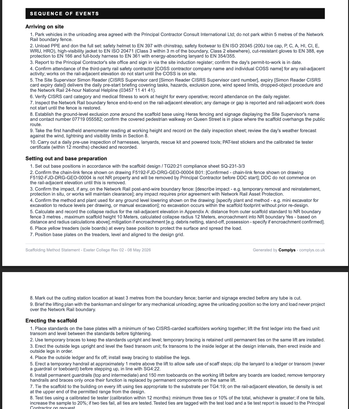 A Complys-generated method statement showing sequence of work, equipment, and safety controls
