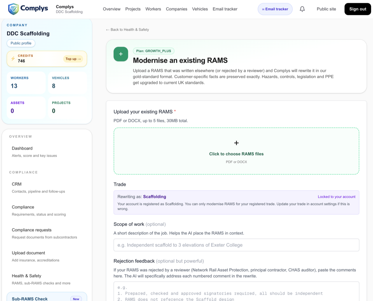 Complys rewrite tool: upload a failed RAMS, get a fixed version with the same content but proper structure