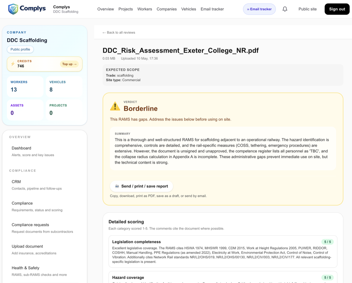 Complys reviewing a subcontractor RAMS, showing a verdict, summary, and findings list